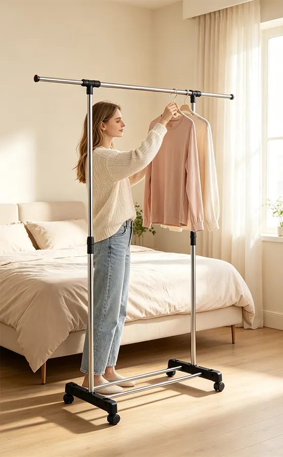 Woman hanging a pink shirt on a single pole telescopic clothes rack with wheels in a bright bedroom