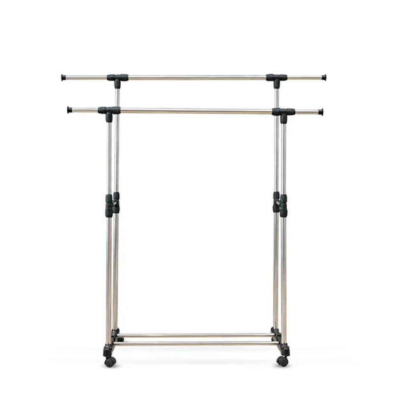 Double pole telescopic clothes rack with two hanging rails and a lower bar on a white background