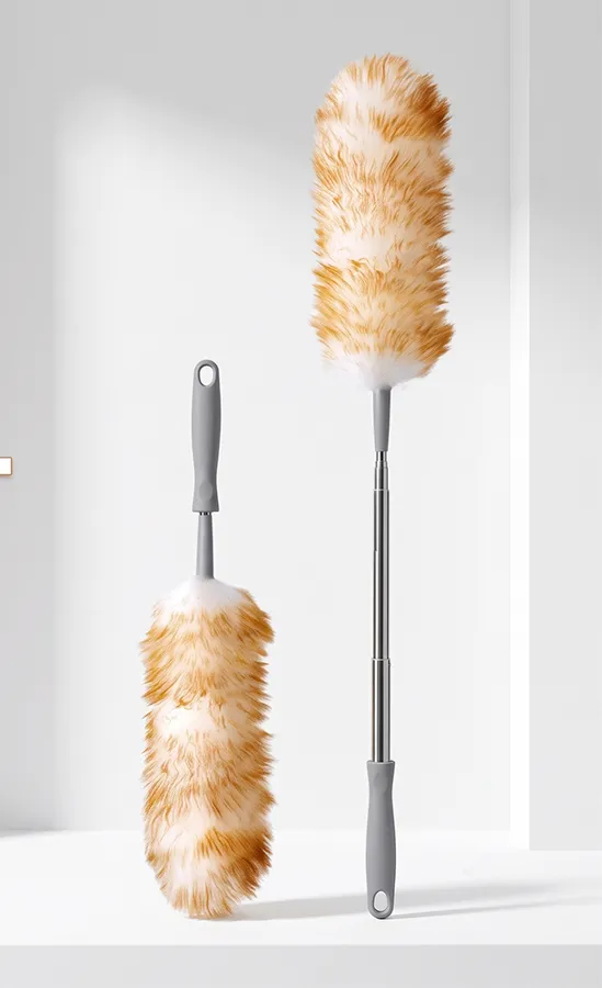 Beige wool duster shown in a short handheld version and a long telescopic stainless steel version