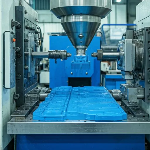 Close up of high-tech injection molding machine producing blue plastic parts in a factory