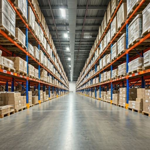 Massive organized warehouse with high shelves full of packaged products ready for global shipment