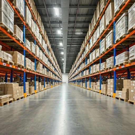 Massive organized warehouse with high shelves full of packaged products ready for global shipment