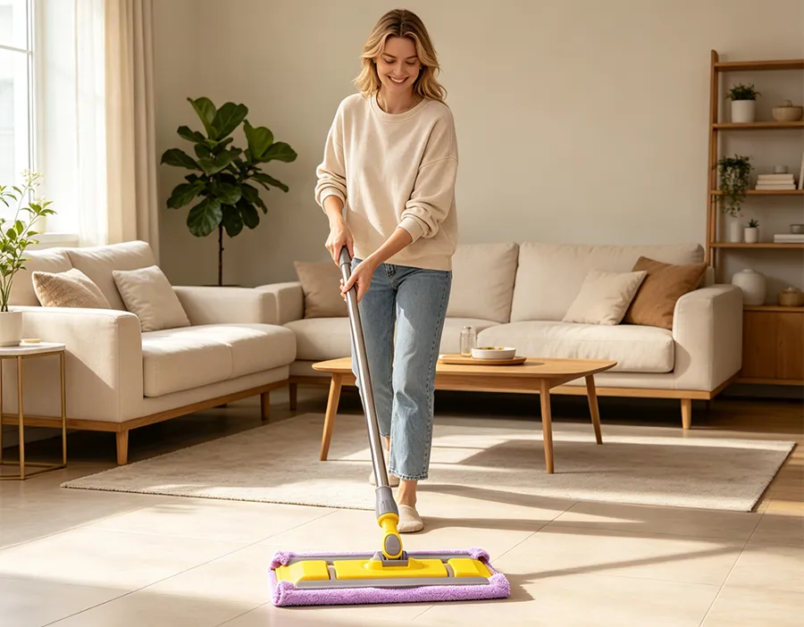 Woman mopping a light wooden living room floor with a flat microfiber mop on a long pole