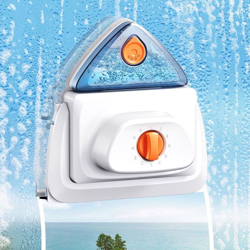 Fonoran adjustable magnetic window cleaner with 6-stage orange dial on wet glass — double-sided cleaning for 10–45 mm glazing