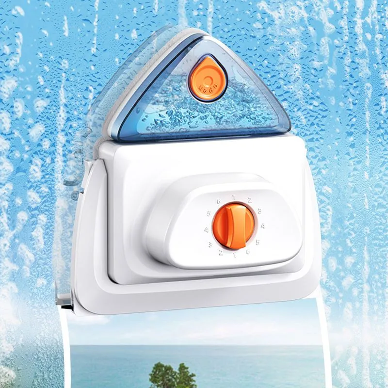 Fonoran adjustable magnetic window cleaner with 6-stage orange dial on wet glass — double-sided cleaning for 10–45 mm glazing