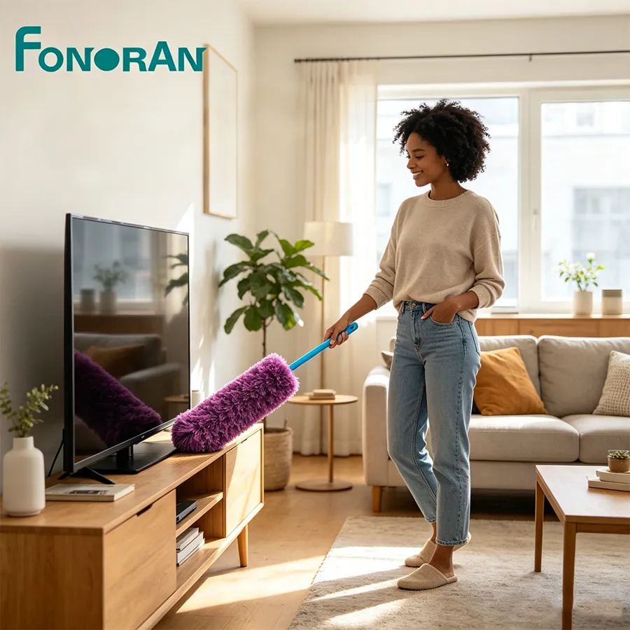 Woman dusting a TV cabinet in a bright living room with a purple Fonoran microfiber duster on an extendable pole