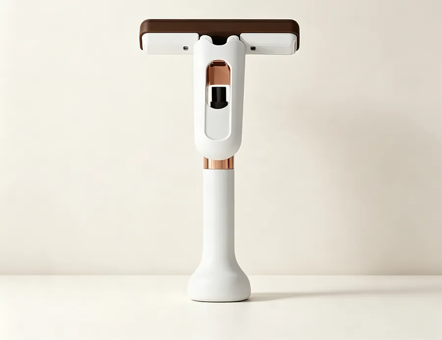 White handheld mini spray mop standing upright on a table