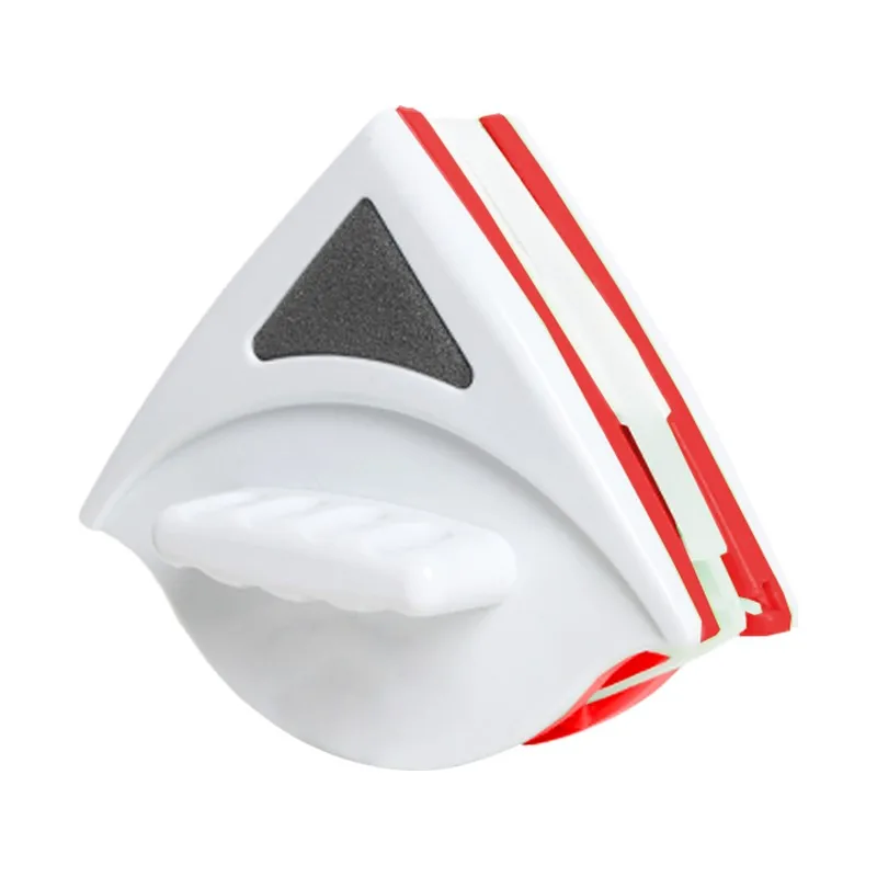 White magnetic window cleaner with triangular base for corner cleaning, ergonomic handle design