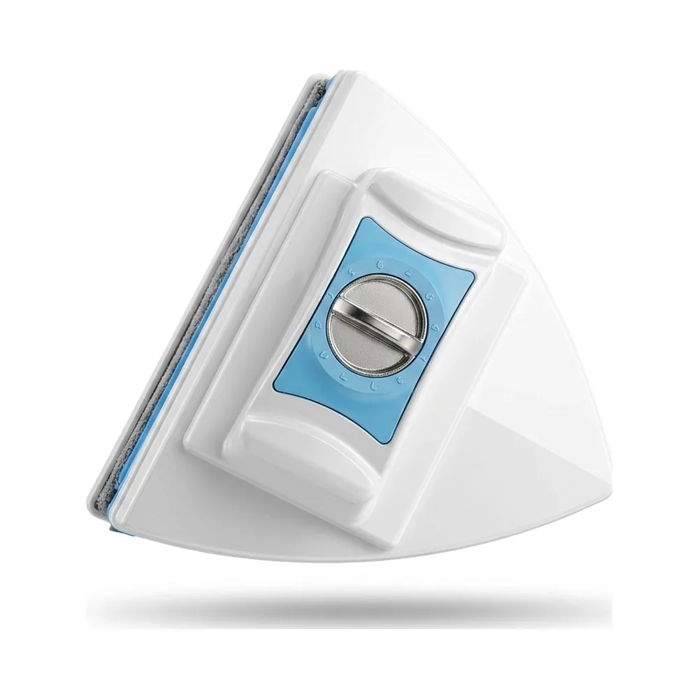 Close-up of a blue and white triangle shaped magnetic window cleaner with high-grade squeegee on a clean table