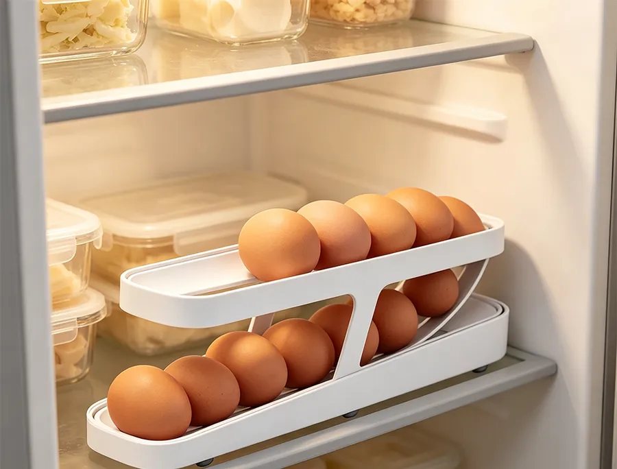 White two-tier rolling egg holder full of brown eggs on a refrigerator shelf