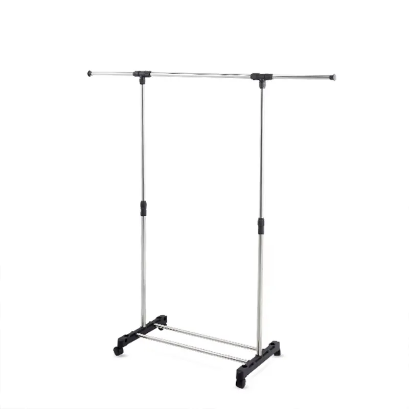 Single pole telescopic clothes rack with chrome rail and black castors on a white background