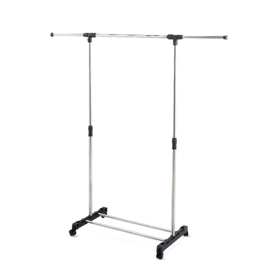 Adjustable stainless steel garment rack with extendable top rail on wheels