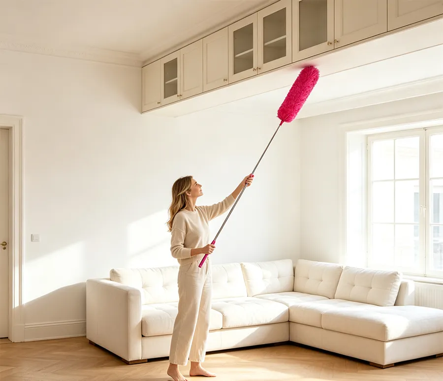 Woman reaching a high ceiling corner with a pink microfiber duster on a long telescopic pole