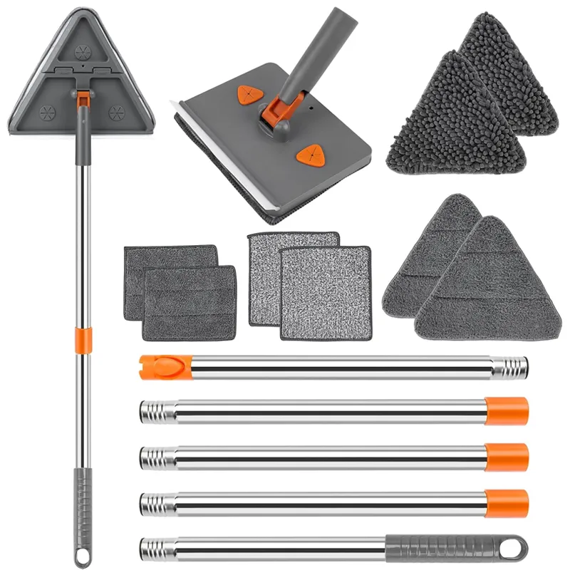 Triangle and square mop heads with stainless steel splice poles and grey replacement microfiber pads