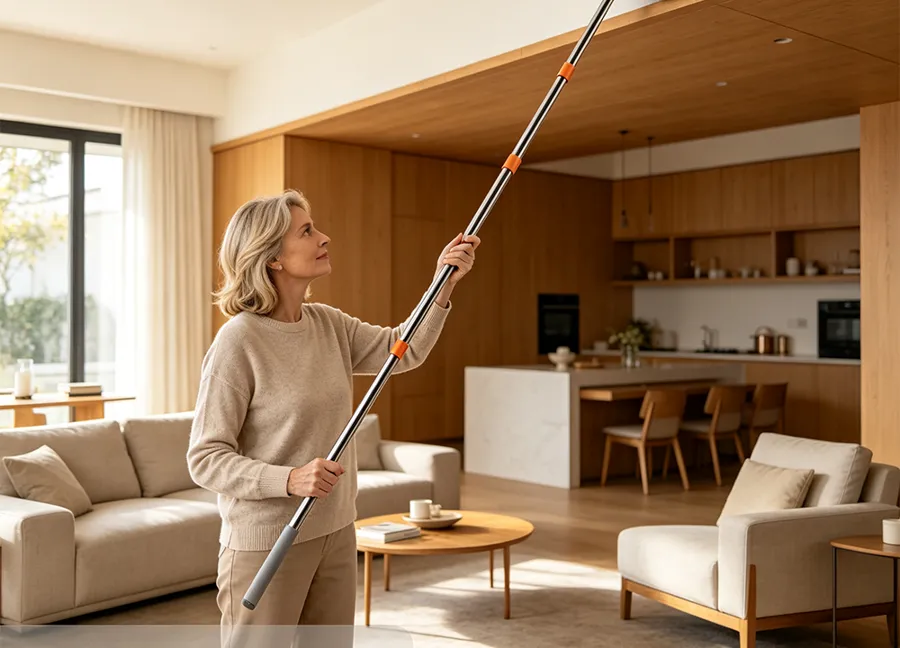 Woman cleaning a high wall with a triangle mop on a long extension pole in an open-plan living room