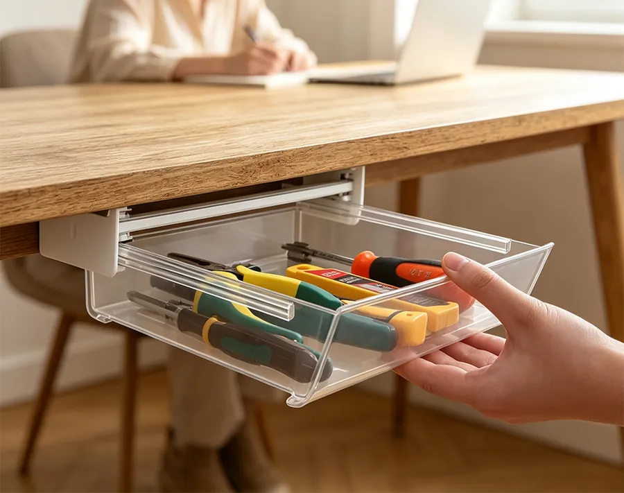 Clear under-desk drawer organizer holding pens and tools pulled out from a wooden desk