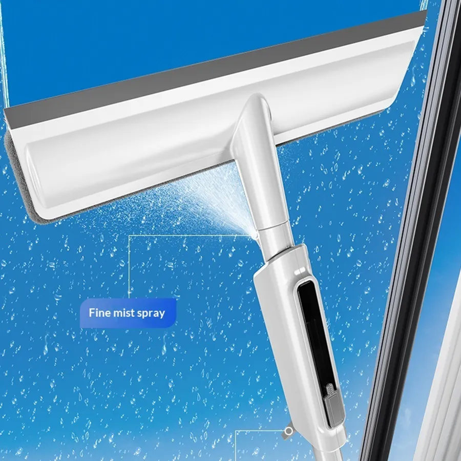 White window squeegee with built-in fine mist spray cleaning a wet glass panel