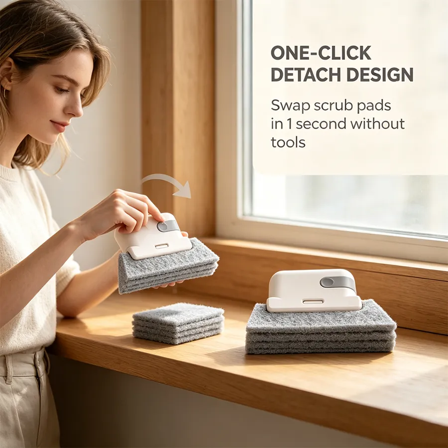 Woman fitting a replacement scrub pad onto a window track cleaning brush at a wooden window sill