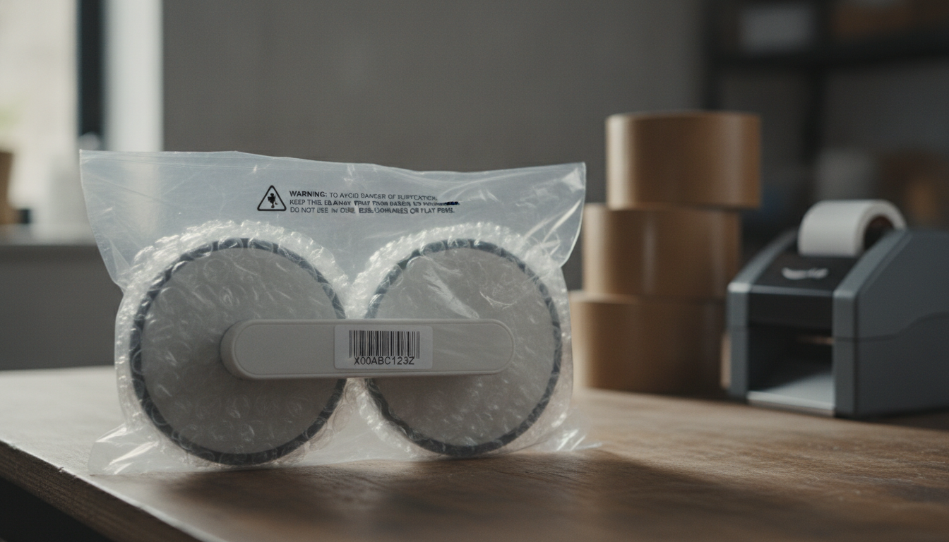 Magnetic window cleaner in sealed polybag with FNSKU label and bubble wrap