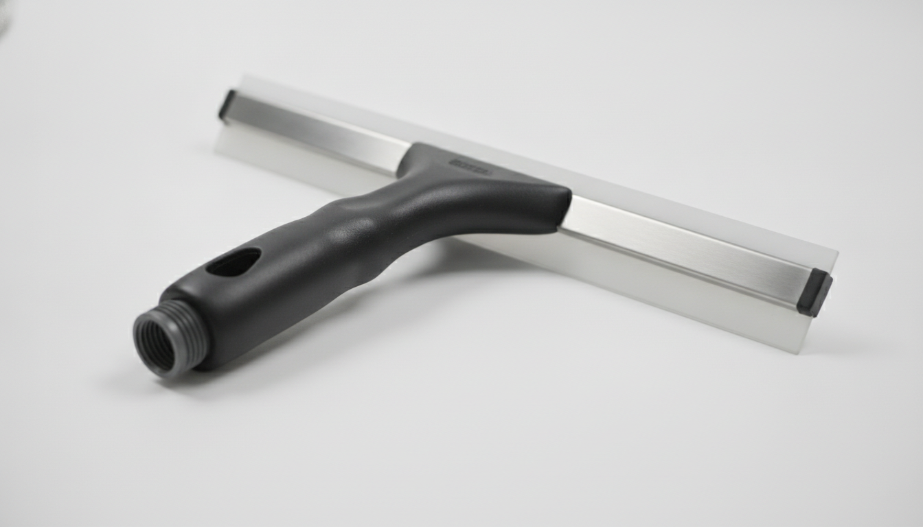 Professional window squeegee ergonomic handle and replaceable silicone blade closeup