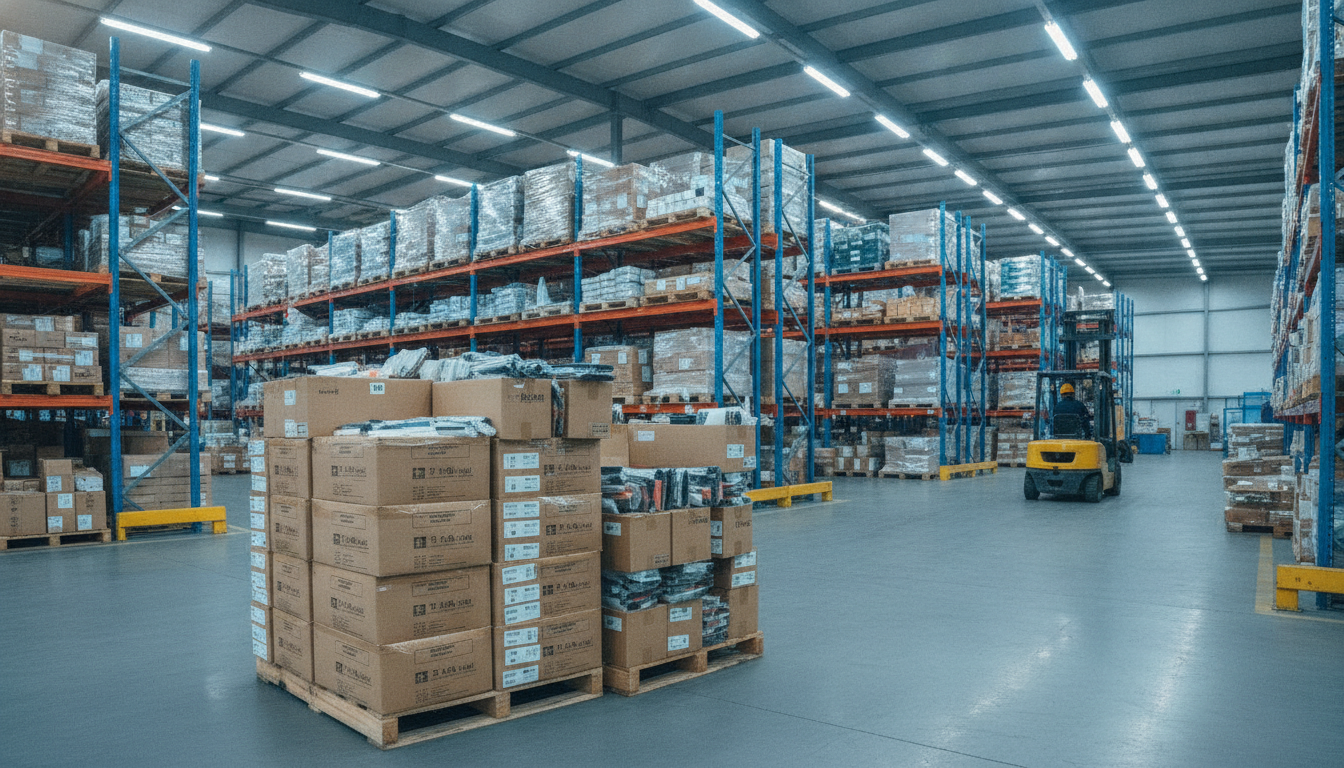 Bulk packaged glass scrapers and window cleaning tools in warehouse
