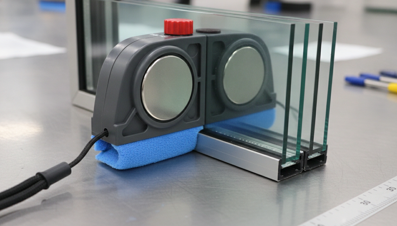 Adjustable magnetic window cleaner with neodymium magnets on thick insulated glass unit cross-section