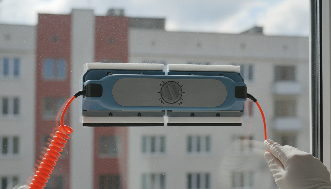 Magnetic window cleaner with adjustable force on double-glazed glass thickness