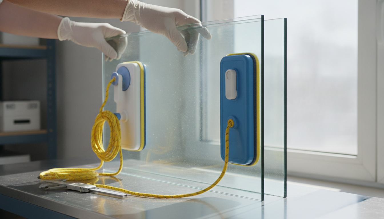Testing magnetic window cleaner sample on double-glazed glass thickness