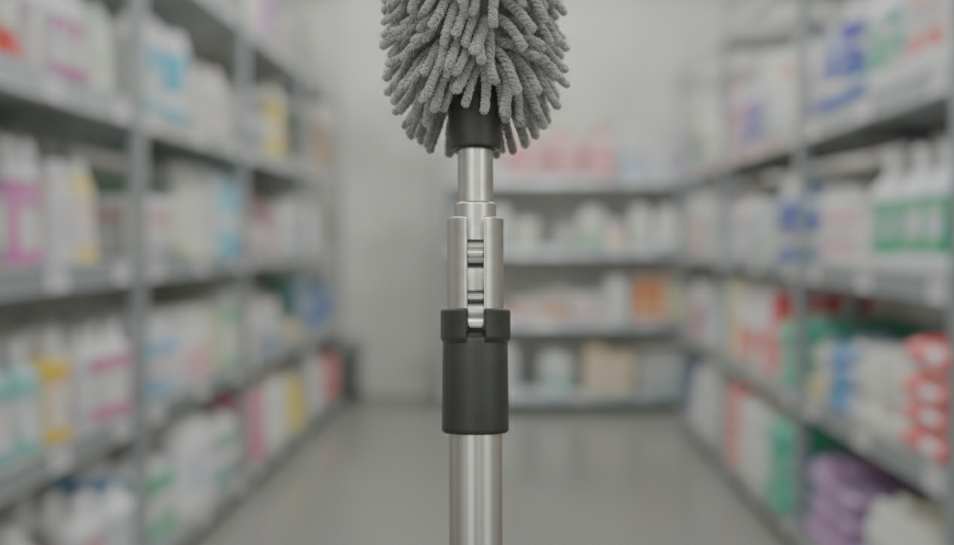 Telescopic duster pole twist-lock collar mechanism detail for commercial cleaning