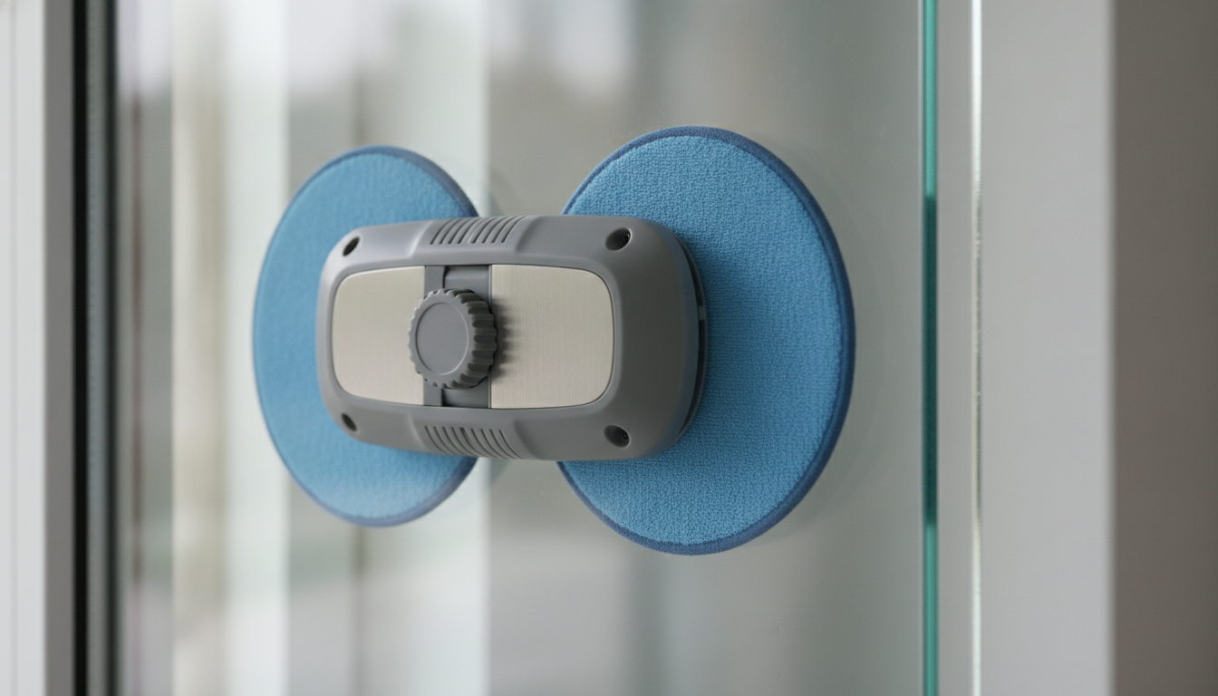 Adjustable magnetic window cleaner on double-glazed glass showing force adjustment mechanism